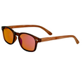 Load image into Gallery viewer, Wooden-framed sunglasses with red-tinted lenses on a white background