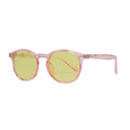 Load image into Gallery viewer, Round sunglasses with pink frame and yellow lenses on a light gray background
