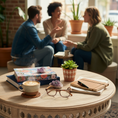 Load image into Gallery viewer, Cat-eye reading glasses on coffee table with people in background