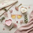 Load image into Gallery viewer, Rose Quartz Computer Glasses whimsical flat lay with heart mugs