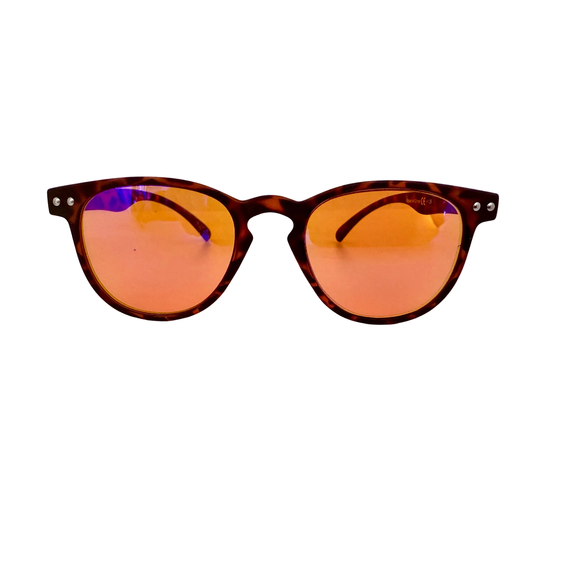 Sunglasses with tortoiseshell frame and orange lenses on a white background