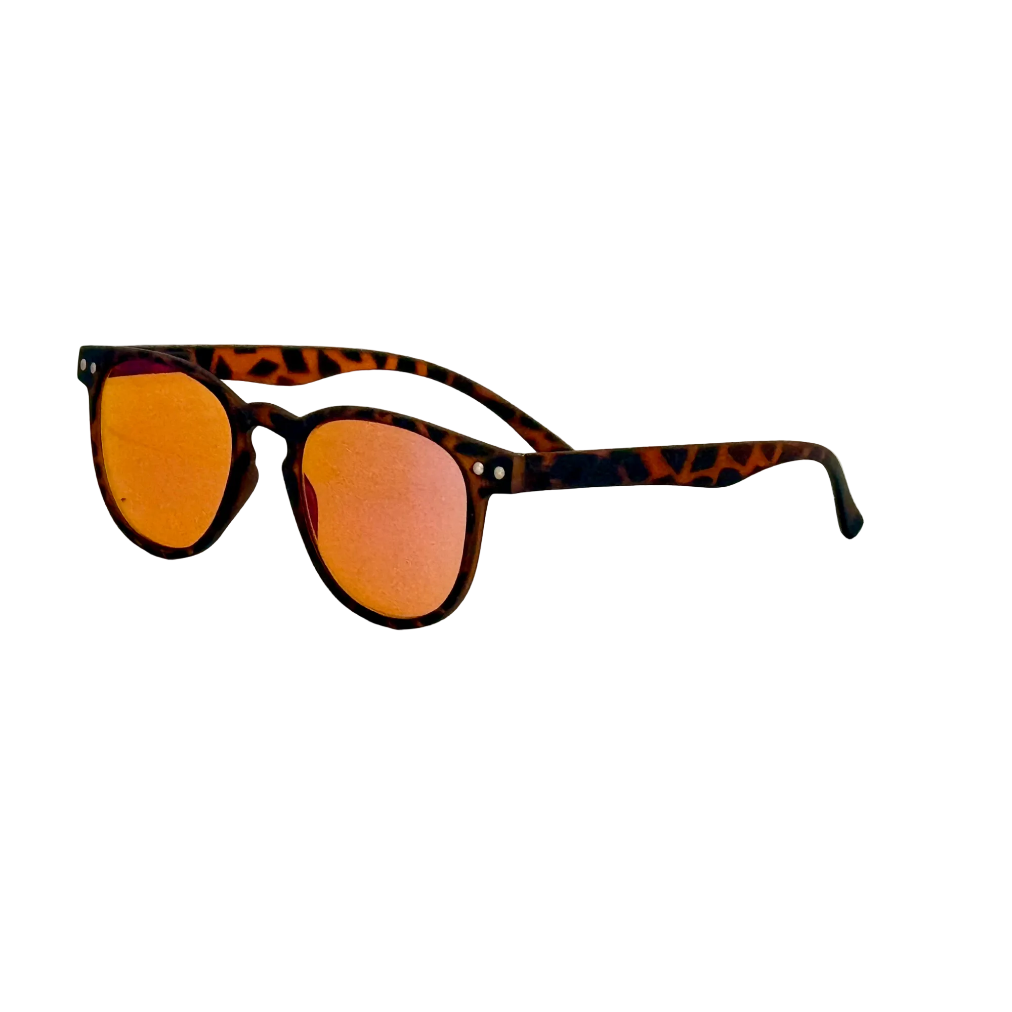 Sunglasses with leopard print frame and orange lenses on a light beige background