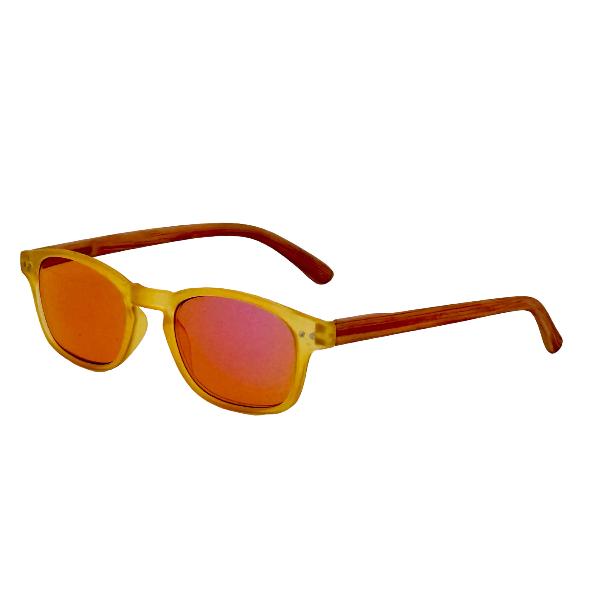 Sunglasses with orange-tinted lenses and wooden frame on a white background