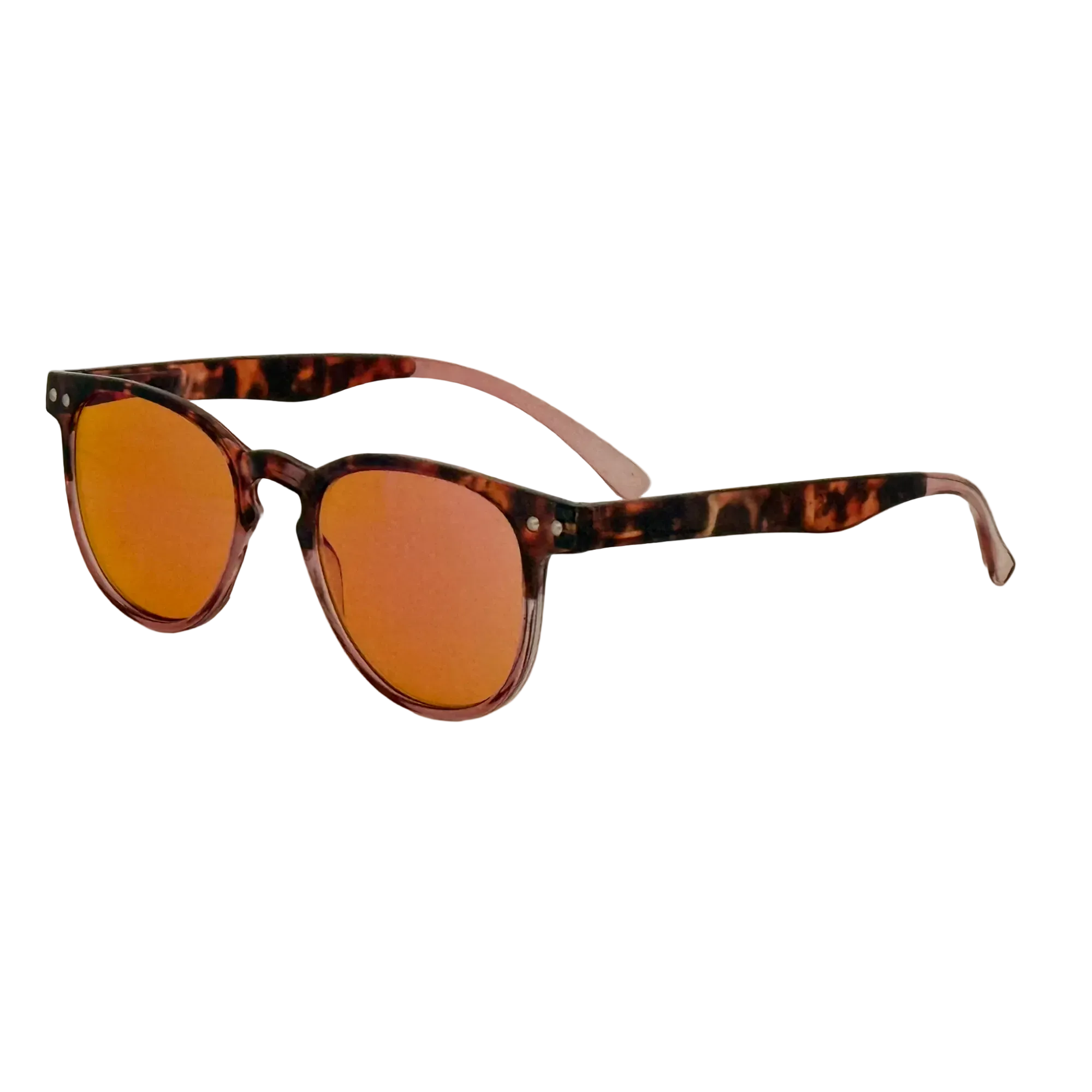 Sunglasses with tortoiseshell frame and orange lenses on a white background