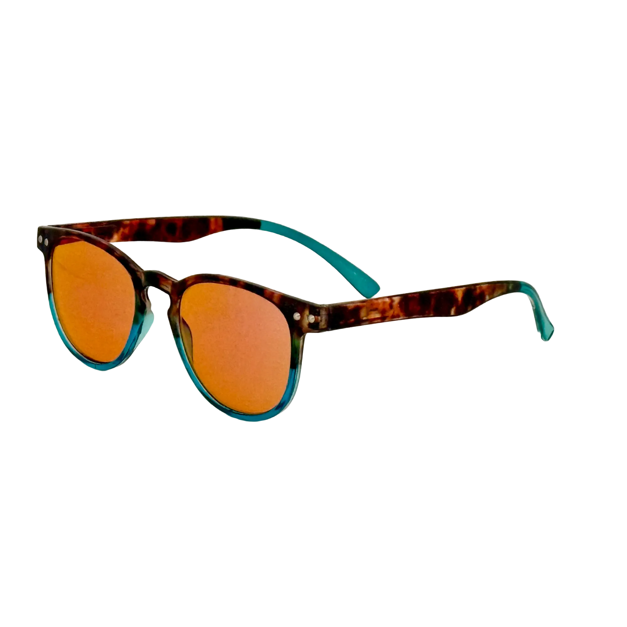 Sunglasses with tortoiseshell frame and orange lenses on a white ackground