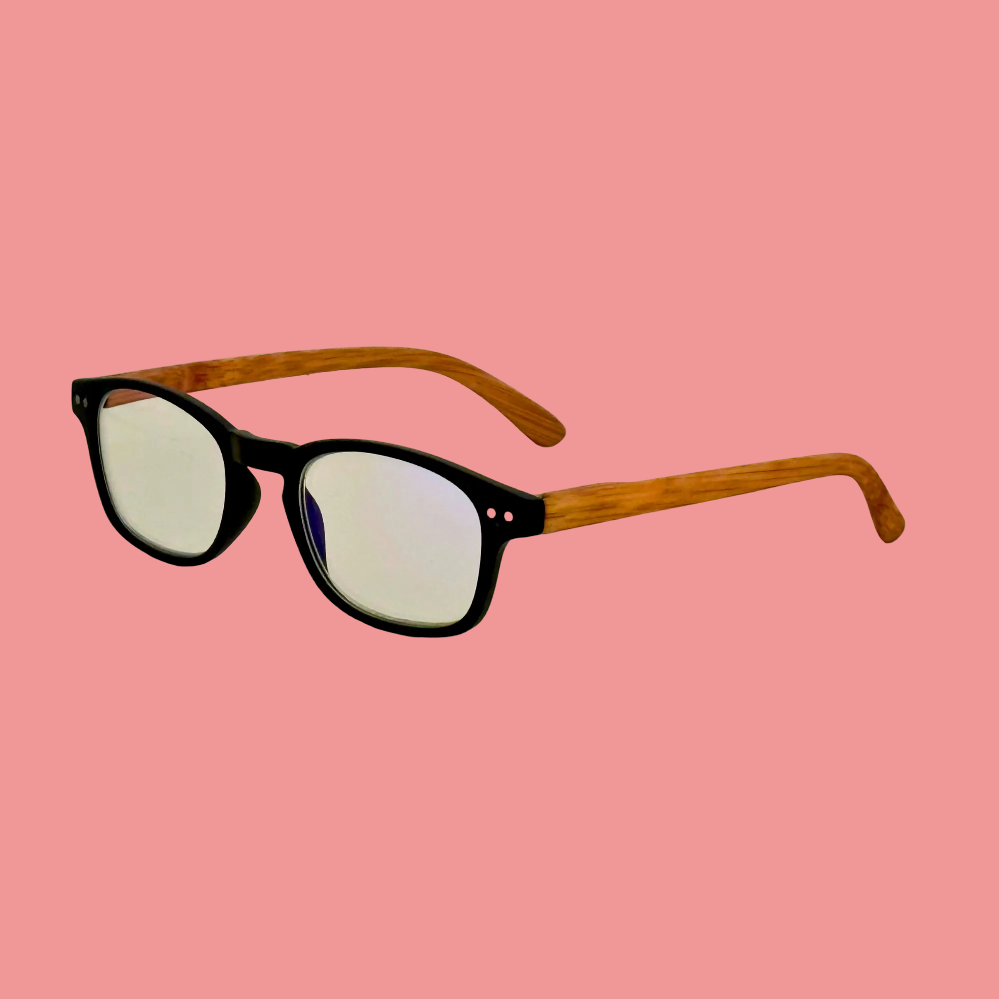 Eyeglasses with black frames and wooden arms on a pink background