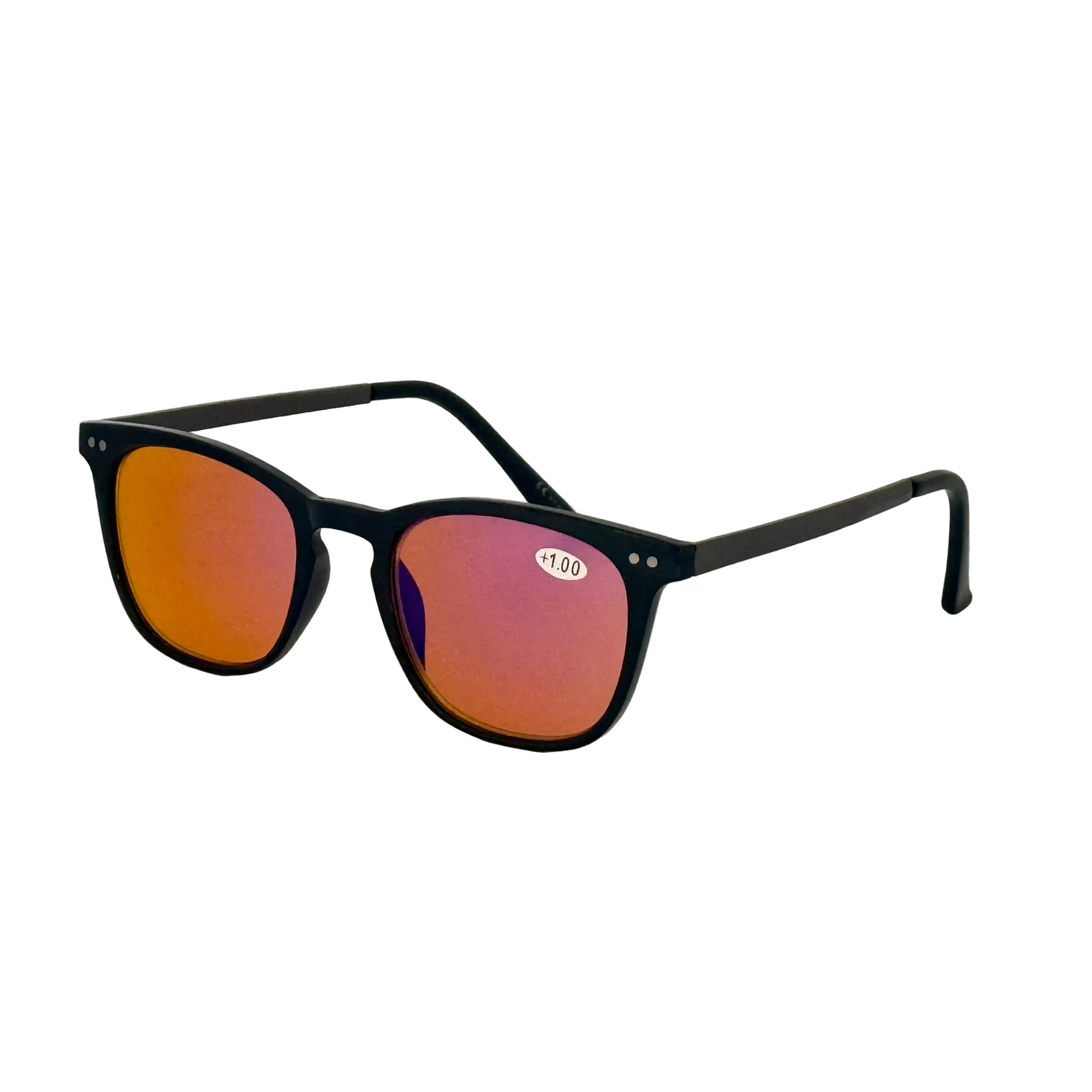 Black-framed sunglasses with orange and pink gradient lenses on a light gray background