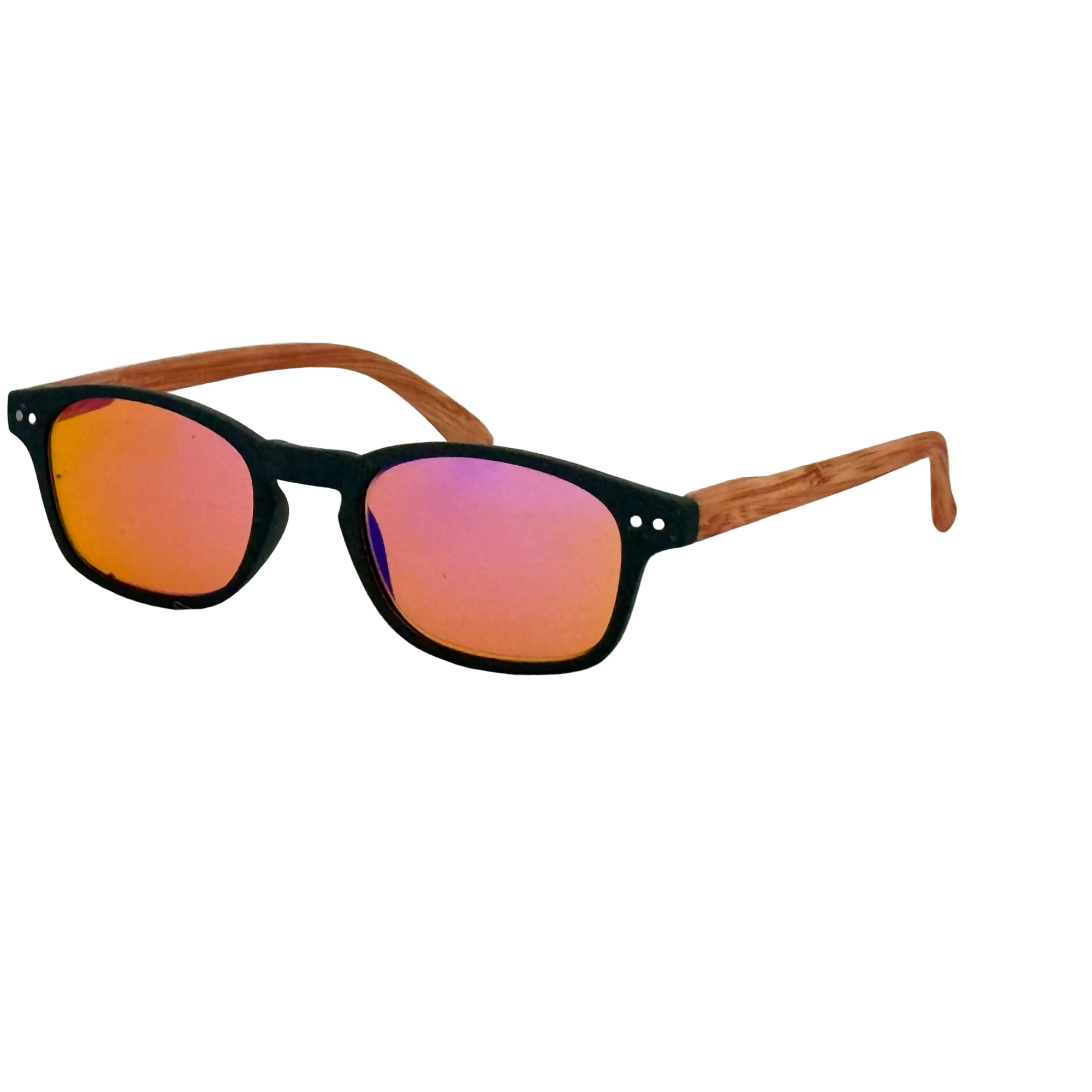 Sunglasses with wooden arms and pink-tinted lenses on a light background