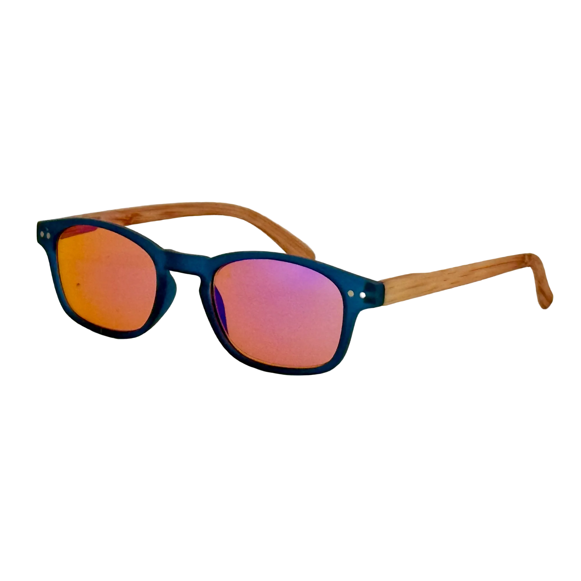 Sunglasses with blue frame and pinkish-red lenses on a white background