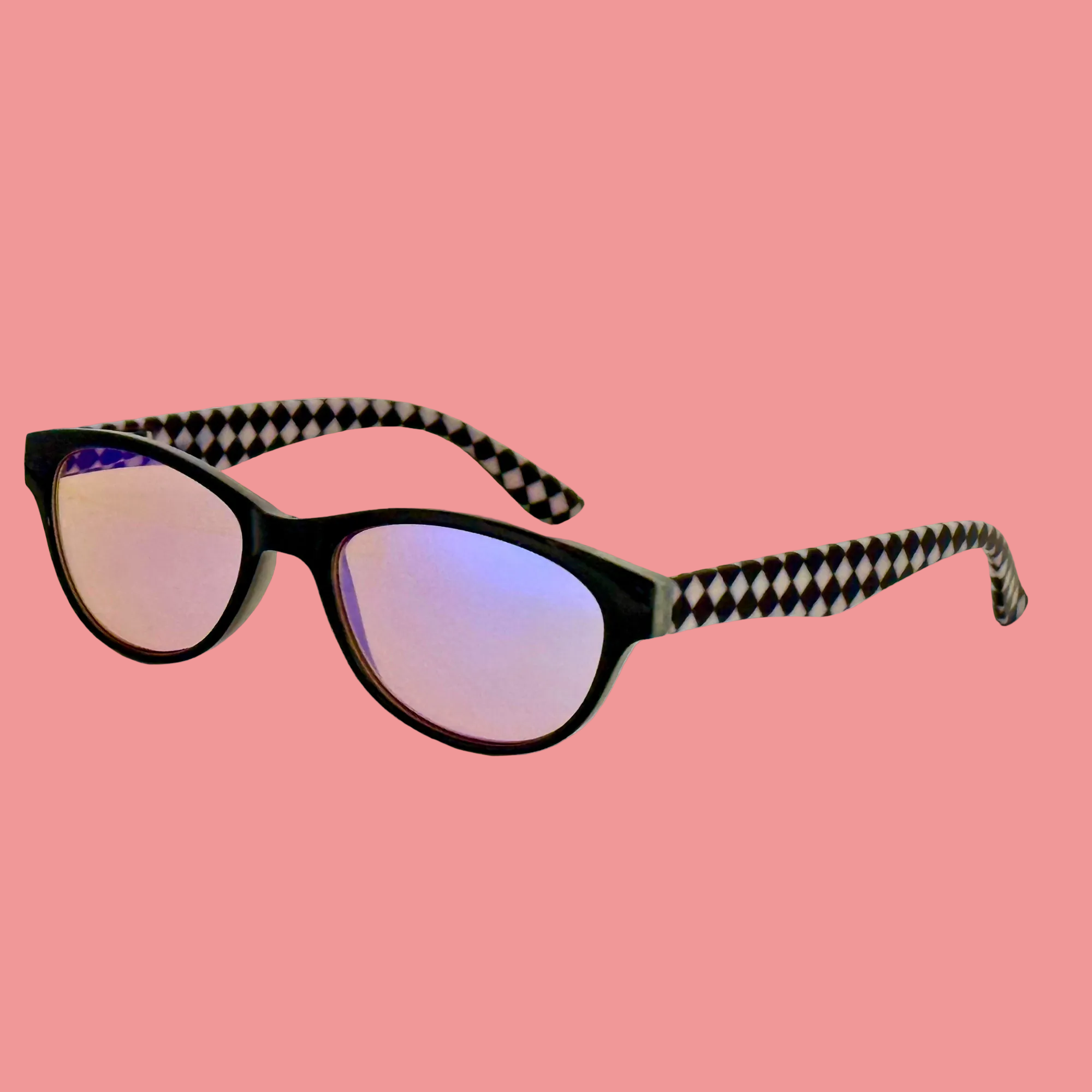 Cat-eye glasses with checkered arms on a pink background