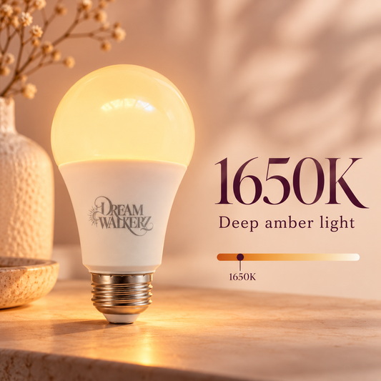 A lit Dream Walker 1650K deep amber LED light bulb with a white frosted body and metallic screw base, shown on a wooden surface with decorative dried flowers and text reading '1650K Deep amber light' and a 1650K slider graphic.