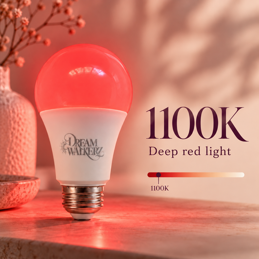 A Dream Walker LED light bulb glowing with a deep red light, shown on a wooden surface with a warm, softly lit background and text reading '1100K Deep red light'.