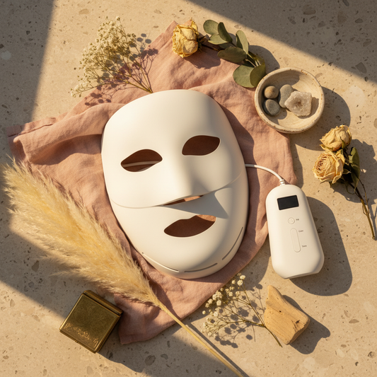 Anthropologie-style flat lay with your actual mask