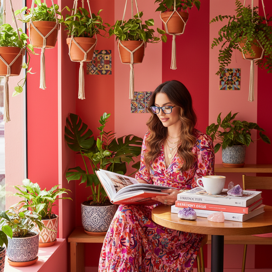 Cat-eye reading glasses in Miami pink coffee shop