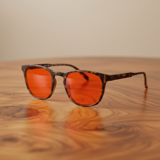 Clean close-up of Dreamwave Tortoise Shell Sleep Glasses on wood table