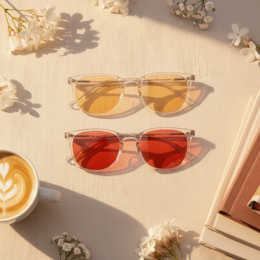 Two pairs of sunglasses with yellow and red lenses on a light surface with flowers and a cup of coffee.