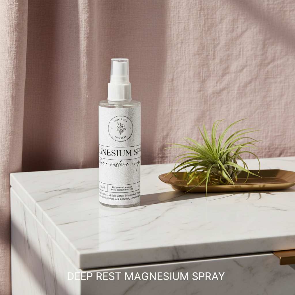 Deep Rest Magnesium Spray on marble nightstand