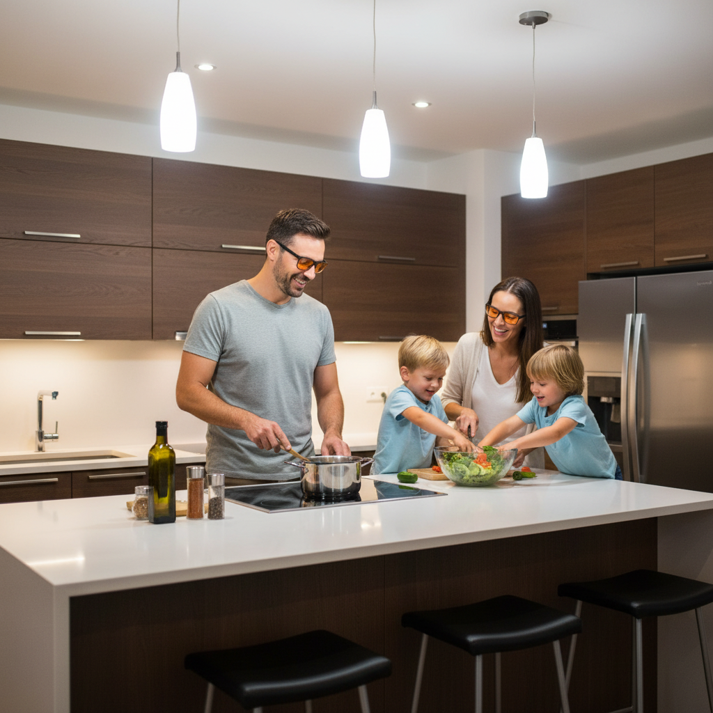 Family in kitchen with blue light glasses