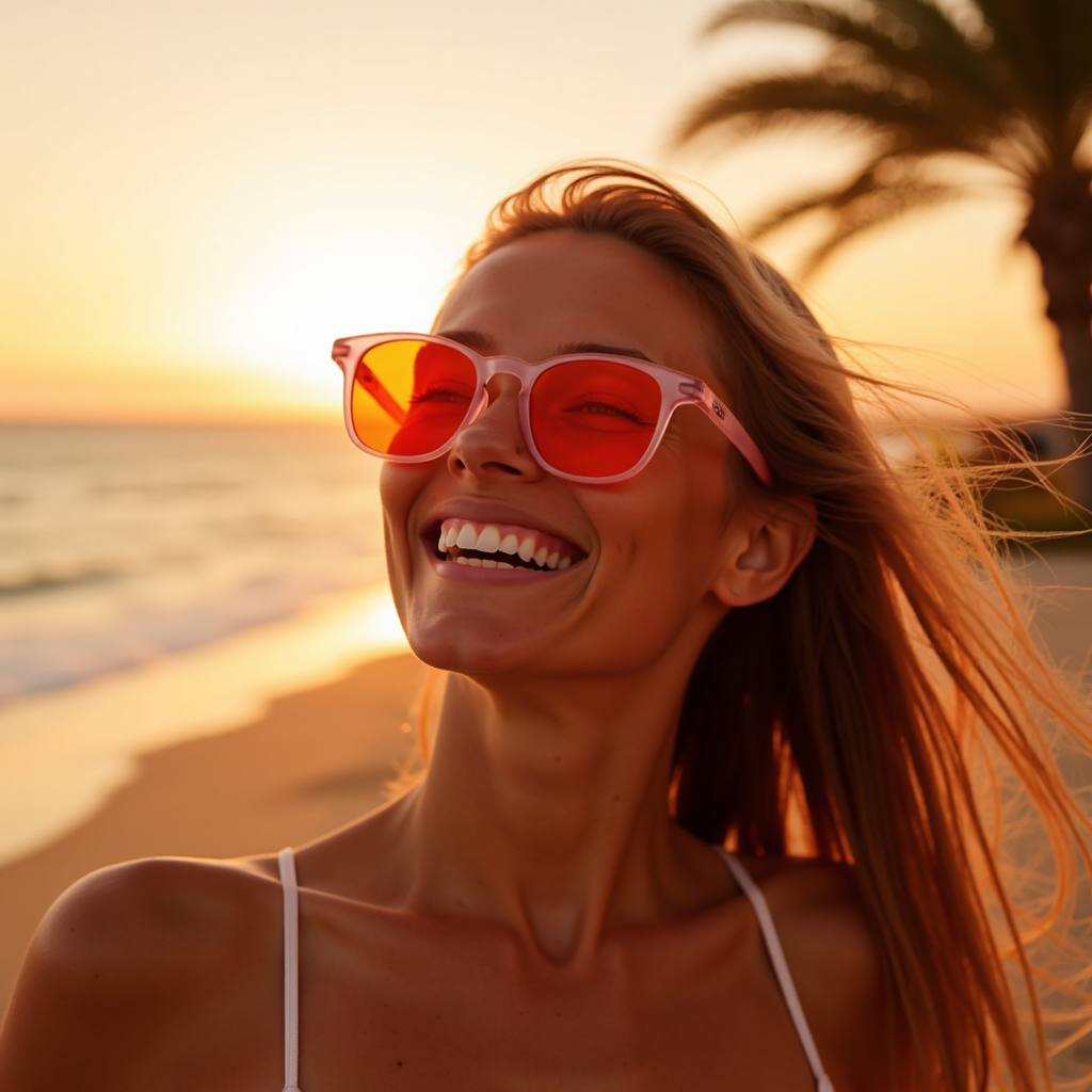 Woman at sunset wearing Prettier in Pink nighttime sleep glasses - lifestyle shot