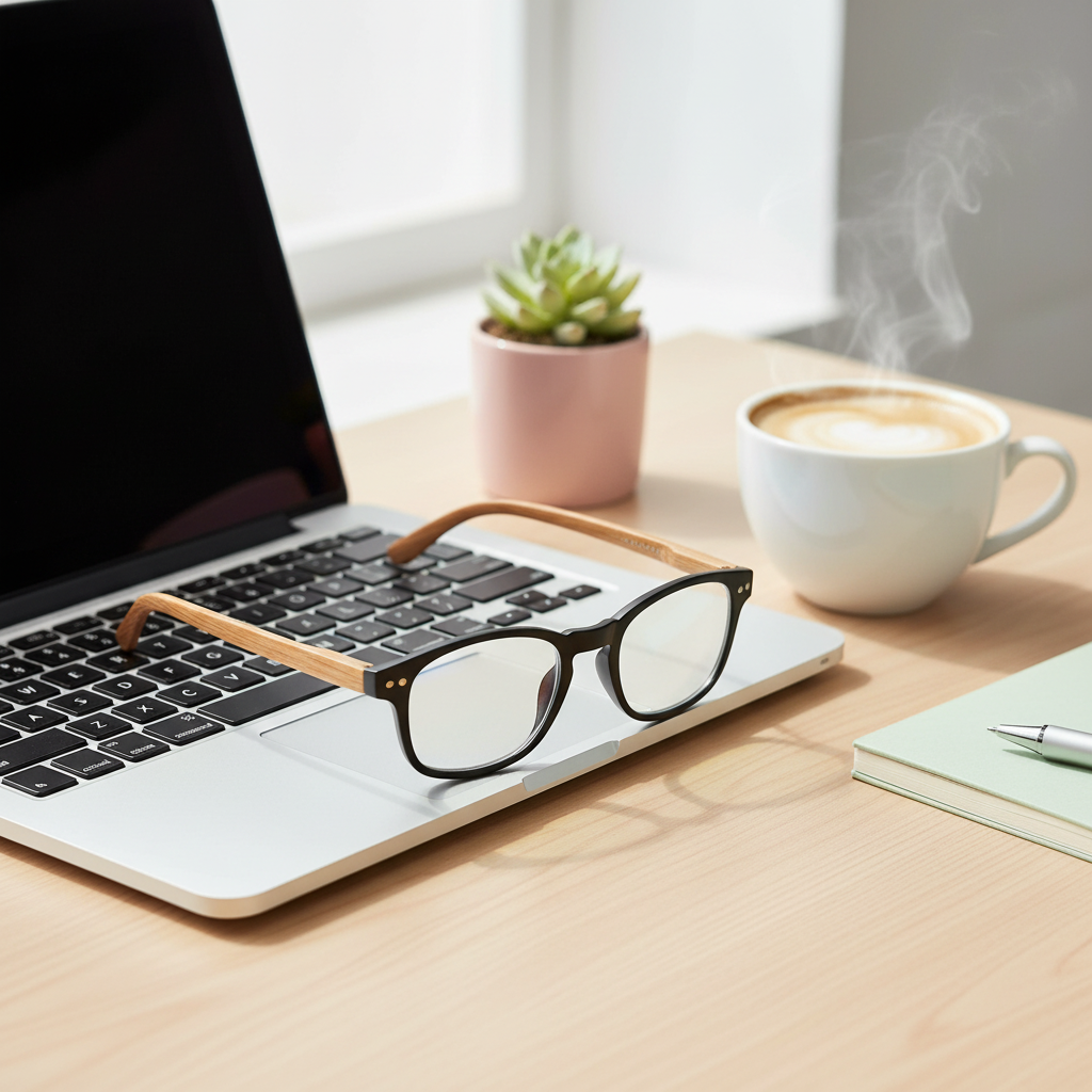 Glasses on laptop with coffee