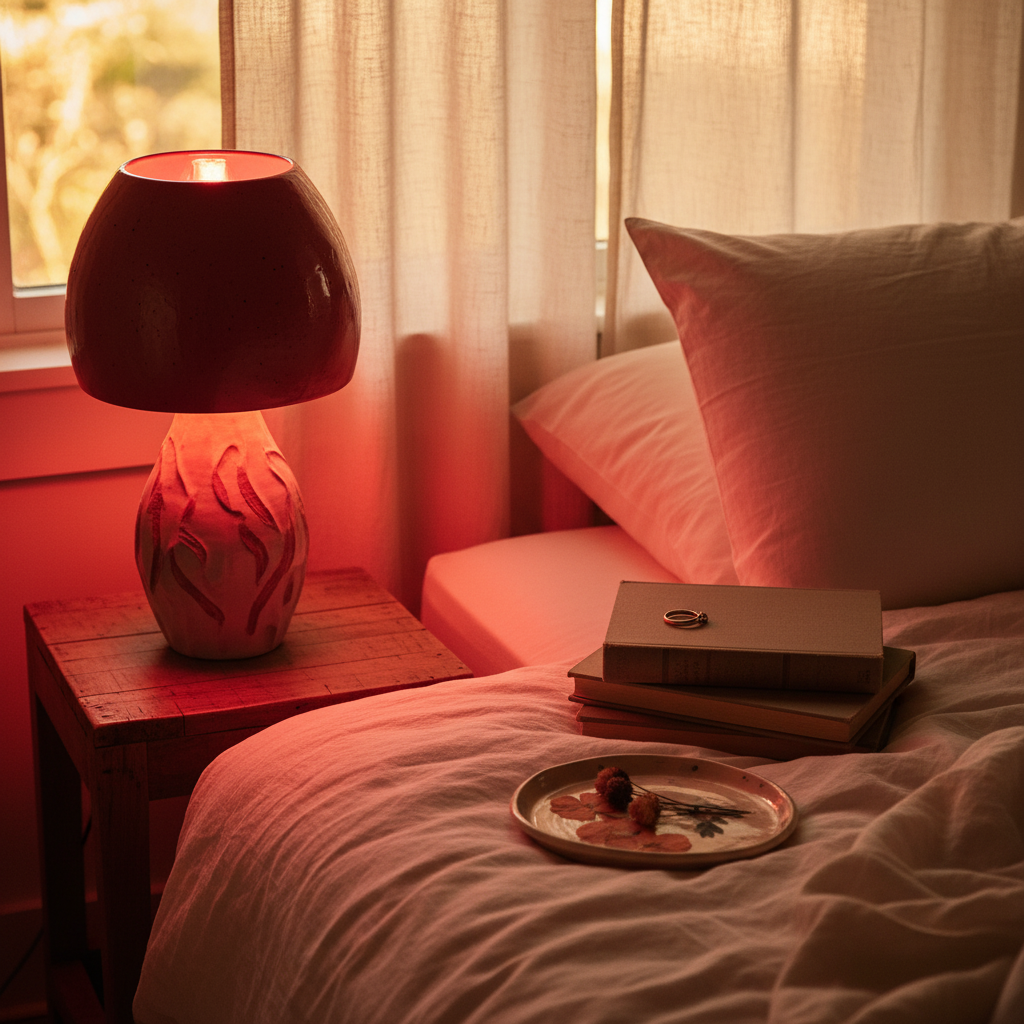 Cherry Bomb red incandescent bulb glowing in bedroom lamp