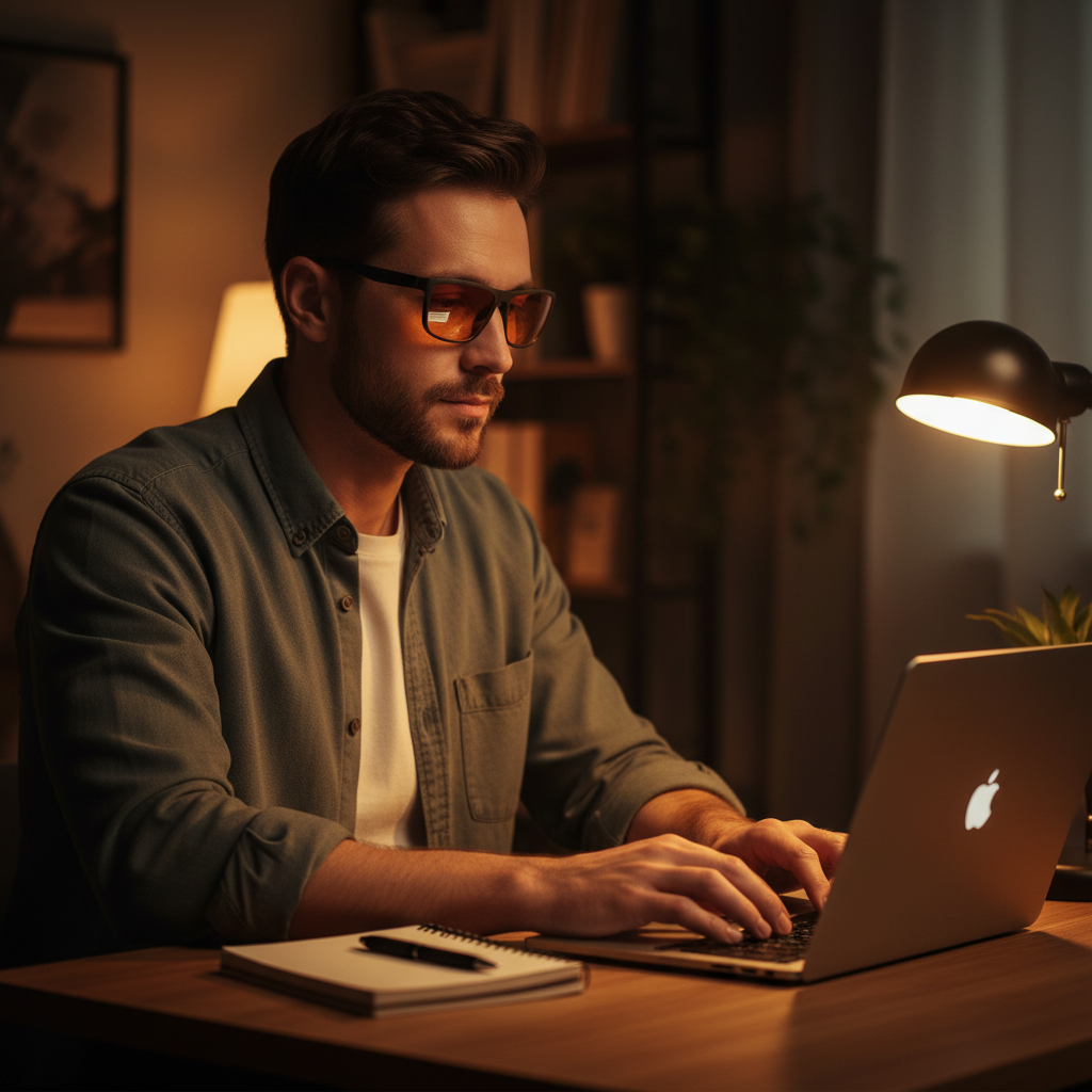 Man working late with blue light glasses
