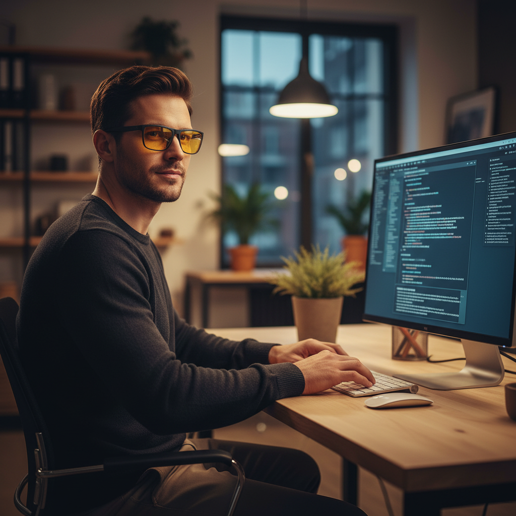 Photorealistic man wearing moonwalkerz yellow lenses at office