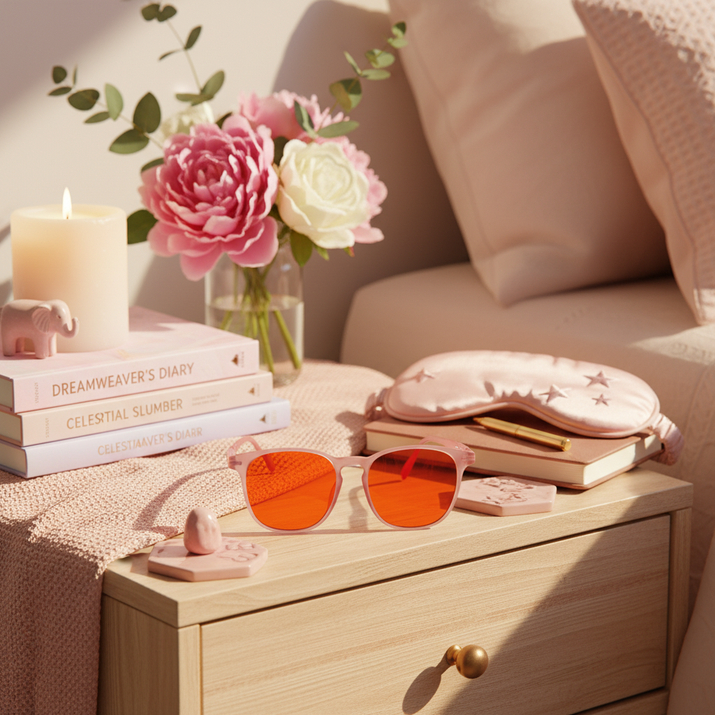 Prettier in Pink nighttime sleep glasses styled on coffee table - lifestyle shot