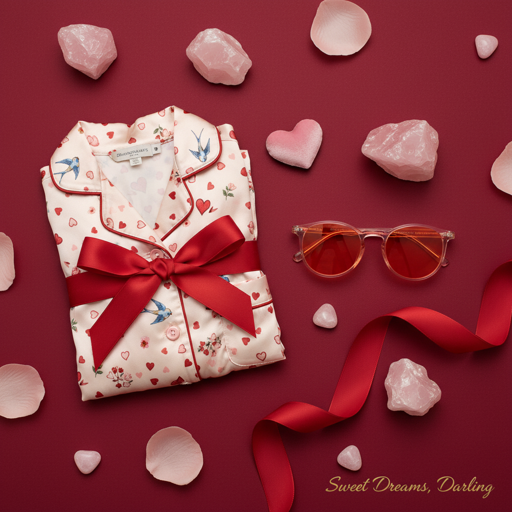  Rose Quartz Sleep Glasses flat lay with red pajamas and ribbon on burgundy background