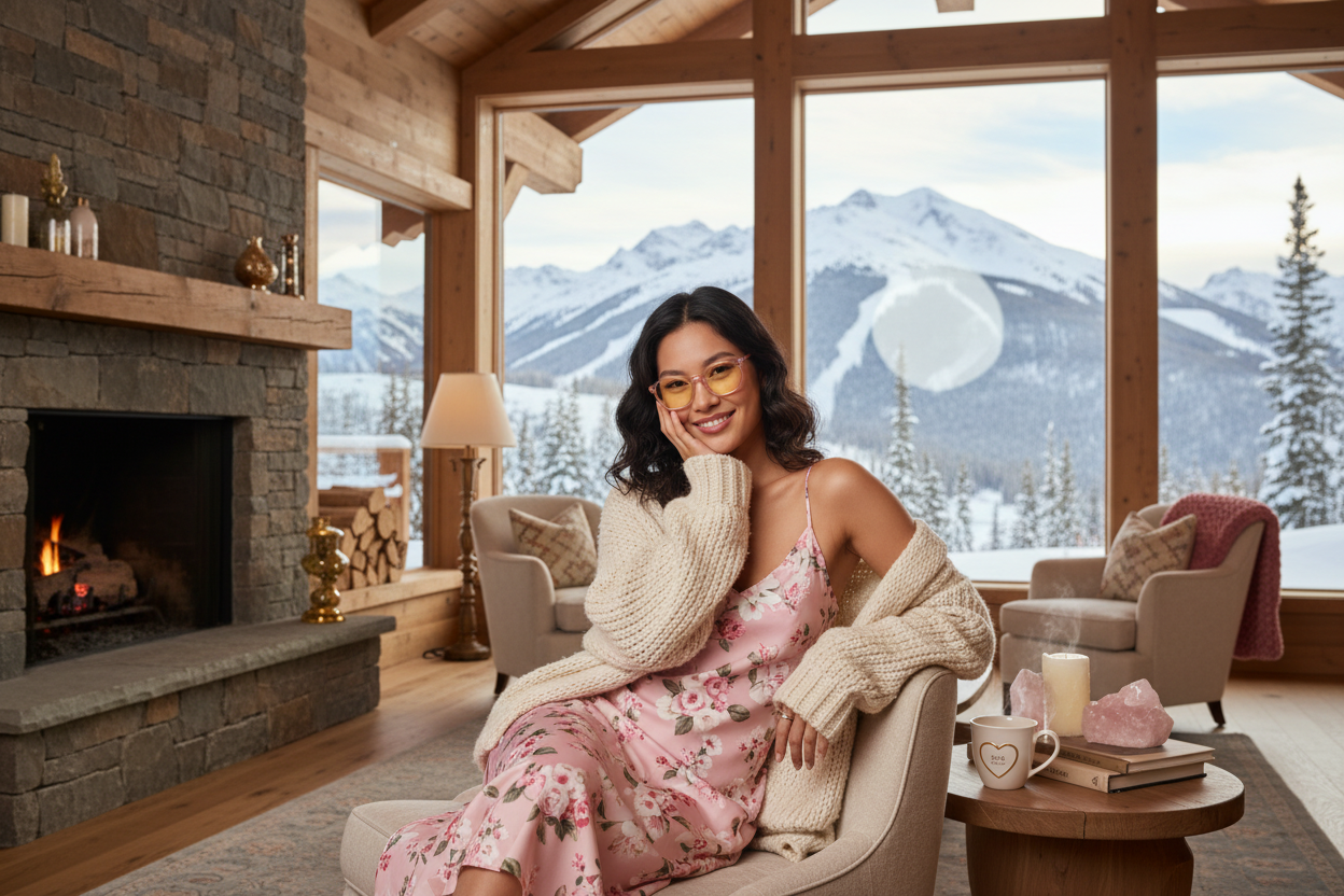 Ski Chalet Romantic LifestyleWoman wearing Rose Quartz Sleep Glasses in cozy ski chalet evening setting