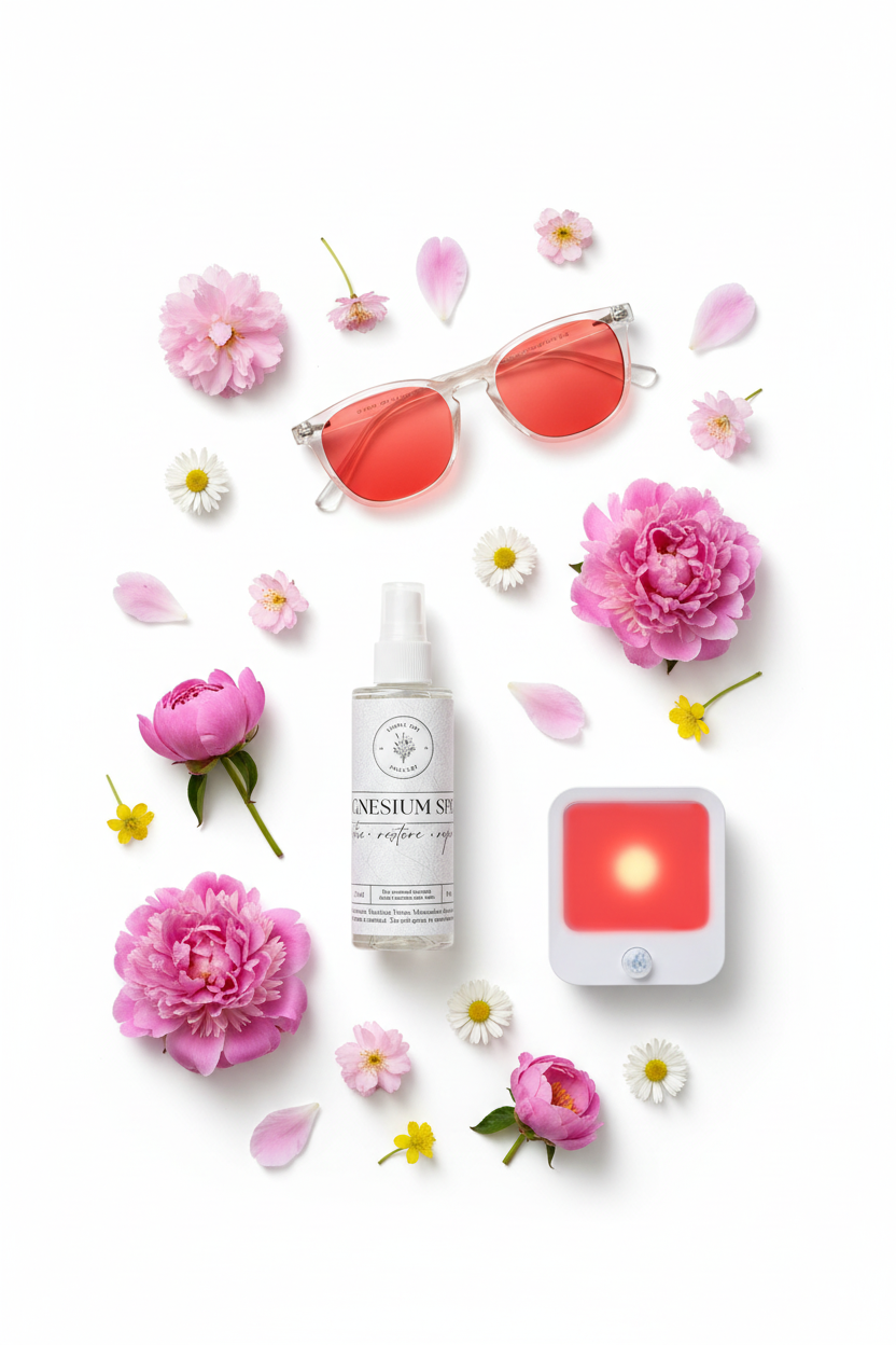 Skincare bottle, sunglasses, and flowers on a white background