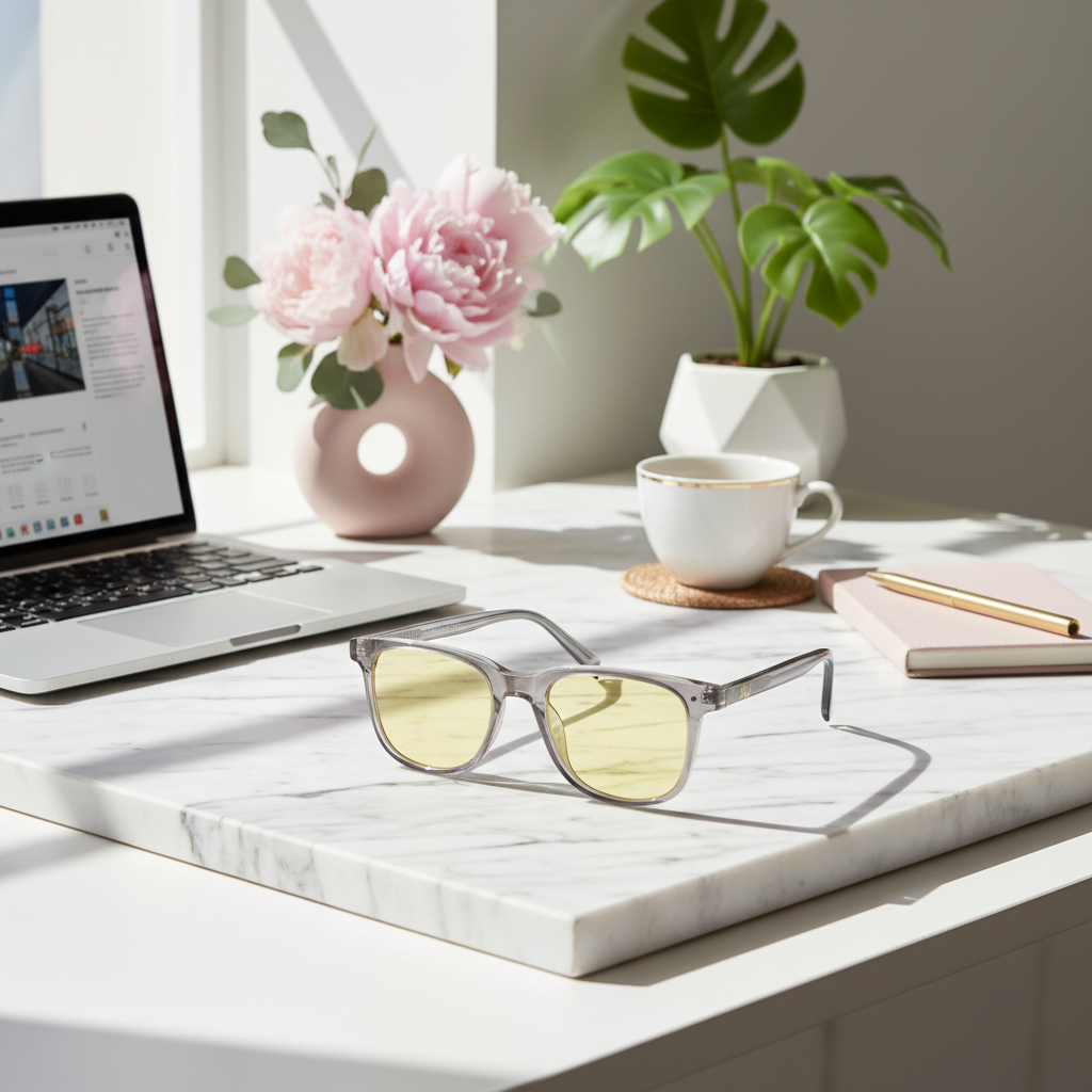 Smoky Quartz Computer Glasses on marble desk