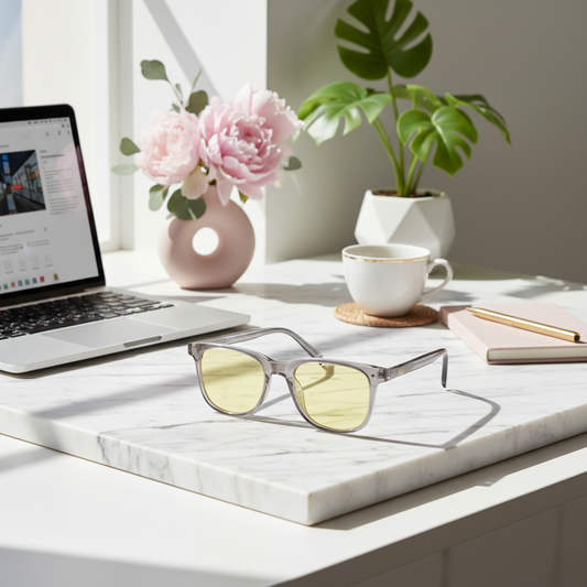 Smoky Quartz Computer Glasses on marble desk