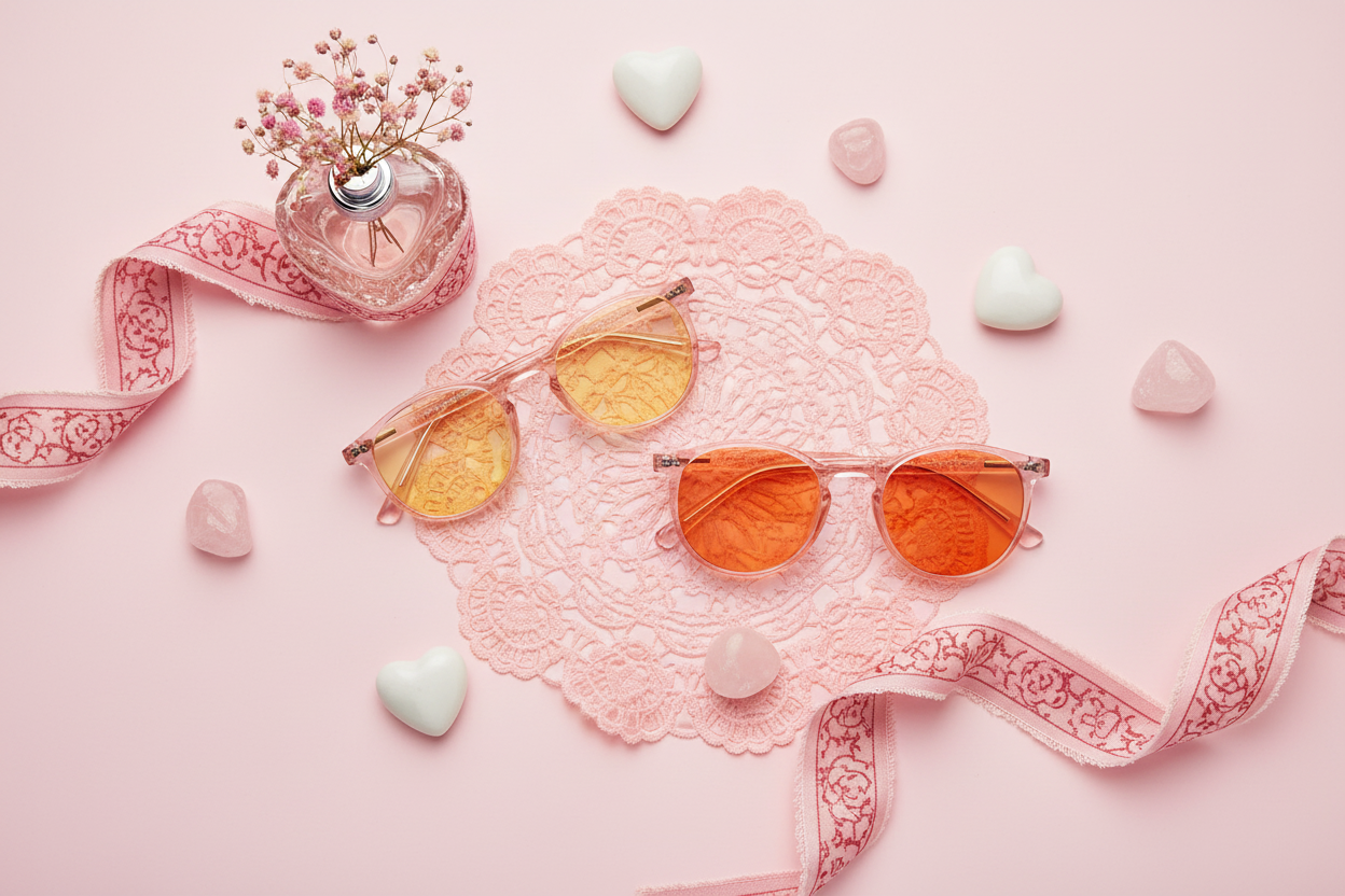 Rose Quartz Computer and Sleep Glasses with delicate lace and vintage Valentine's styling
