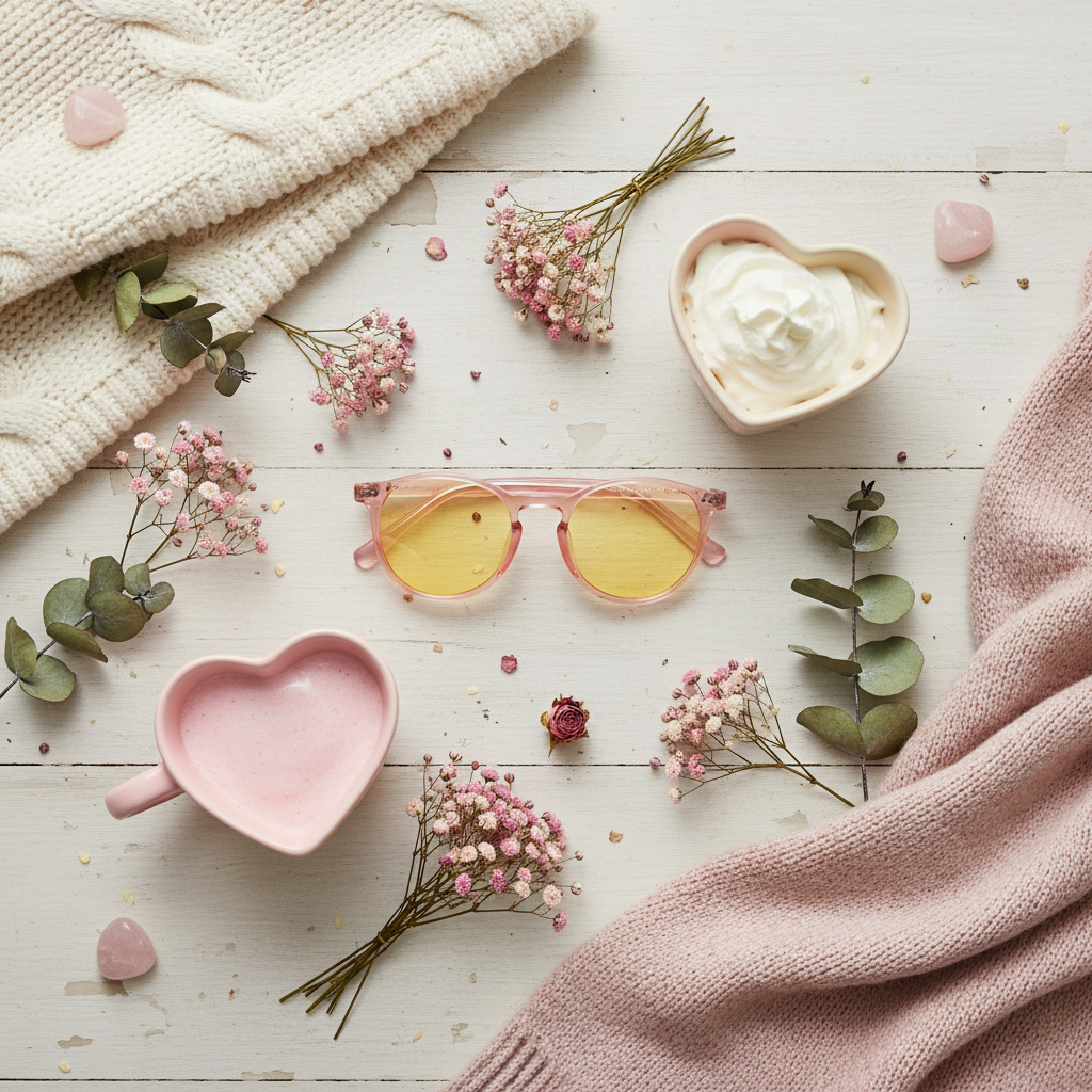 Rose Quartz Computer Glasses whimsical flat lay with heart mugs