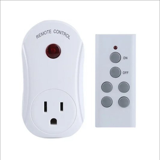 A WiFi remote switch with a white plug-in outlet and a black remote control.