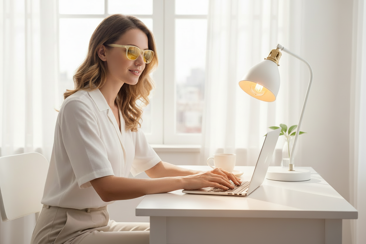 Woman wearing sunglasses working on a laptop at a desk with a lamp and plant in a bright room.