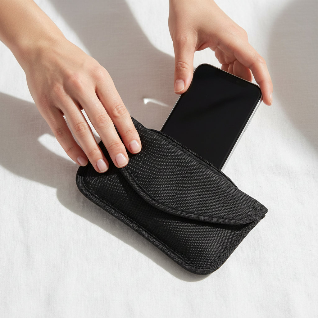 Woman placing phone in pouch
